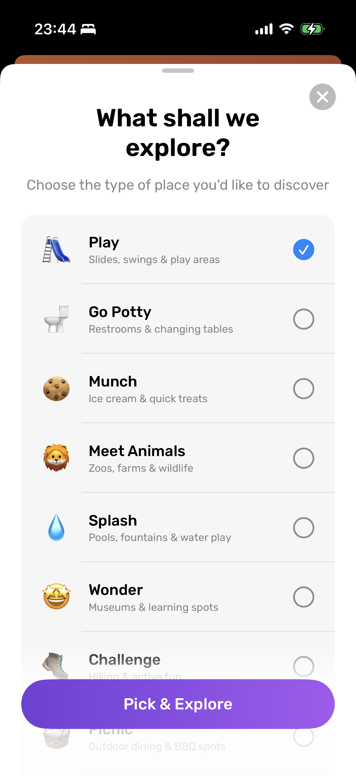 Little Explorer category selection with family-friendly options like Play, Go Potty, Munch